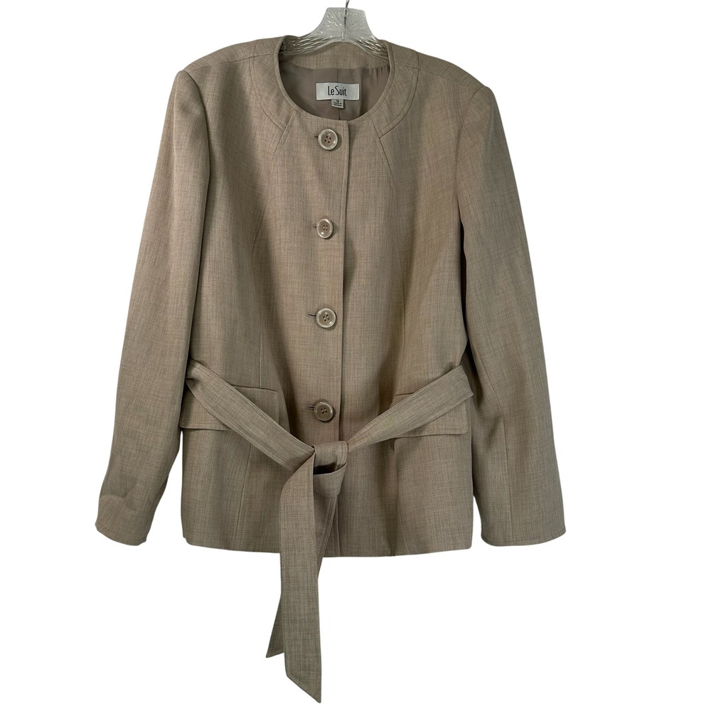 Le Suit City Blooms Tan Collarless Belted Blazer Jacket 18 NEW